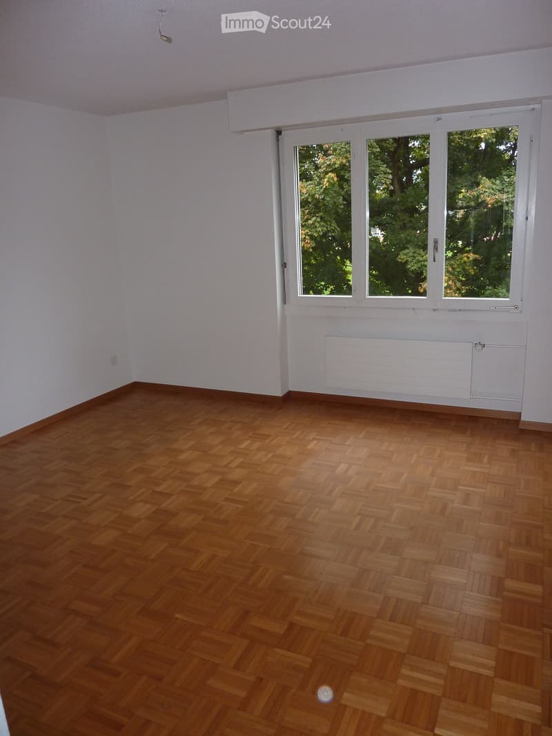 Empty room with wooden herringbone flooring, white walls, and large windows with white frames. A white radiator is mounted on the wall beneath the windows.
