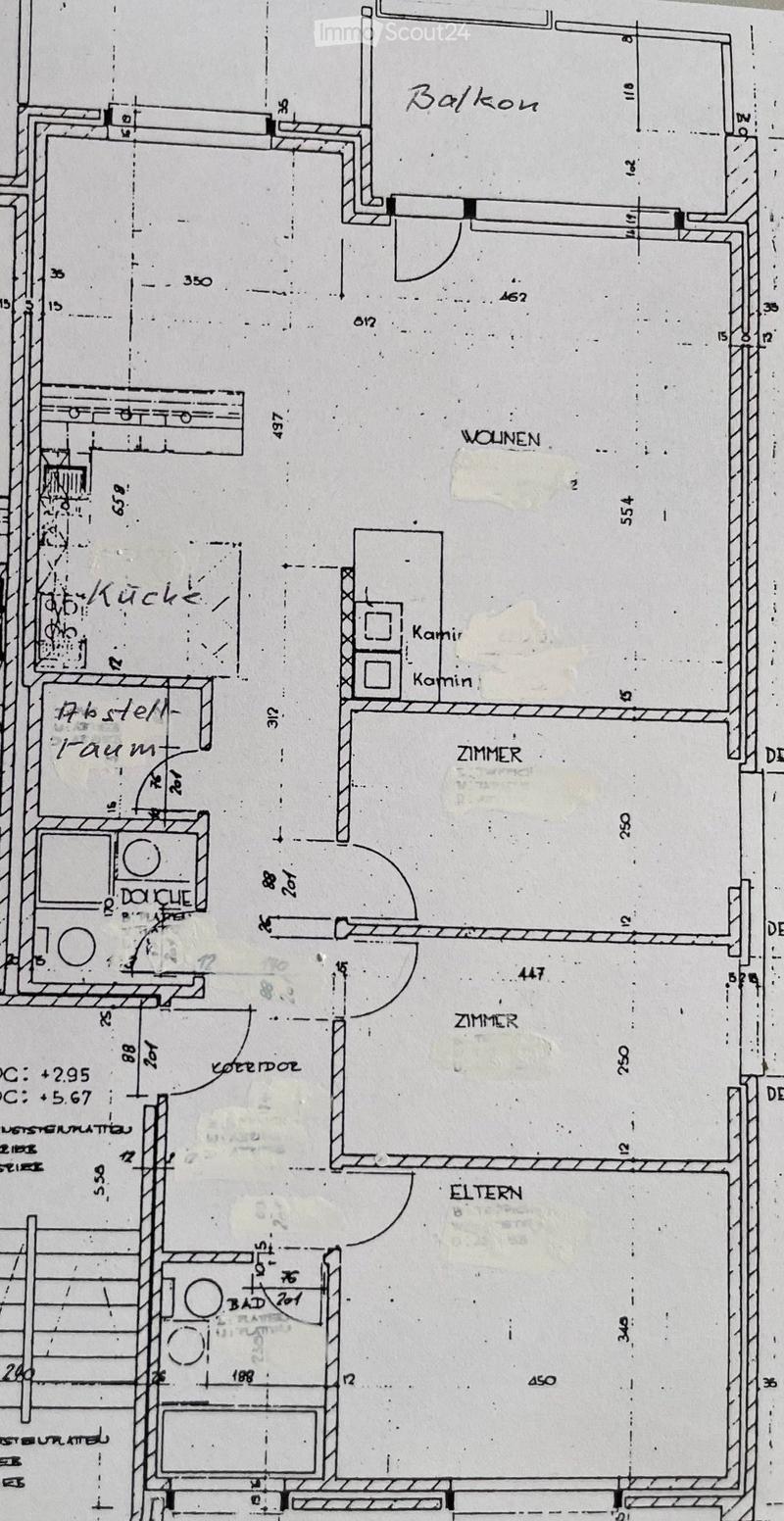 Floor plan showing a multi-room layout including a kitchen, living room, bedroom, hallway, and balcony.