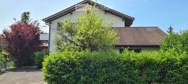 Two-story house with white exterior, tiled roof, and surrounding greenery including bushes and trees.