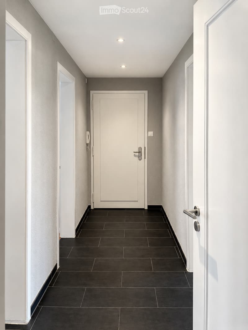 Modern hallway with dark tiled floor, white walls, and recessed ceiling lighting. Features a closed white door and an open doorway leading to another space.