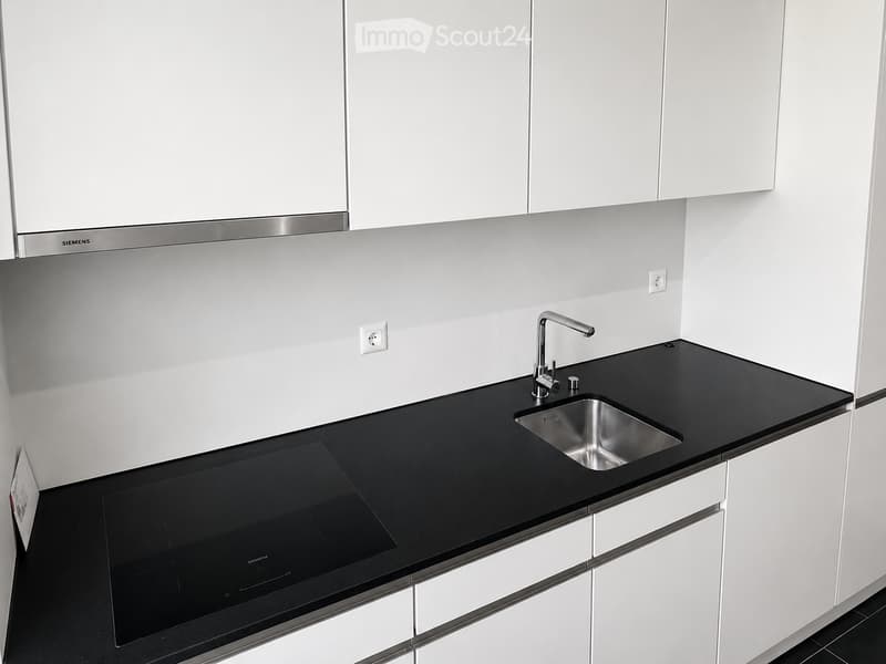 Modern kitchen with white cabinets, black countertops, a stainless steel sink, and an induction cooktop.