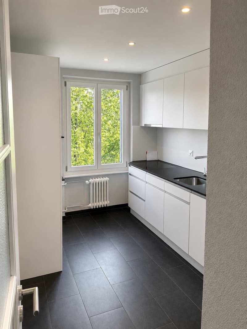 Empty kitchen with white cabinets, black countertop, sink, and dark tiled floor. Features a window with a view of greenery and a radiator below it.