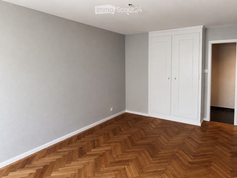 Empty room with wooden herringbone flooring, light grey walls, white built-in closet, and a visible electrical outlet.