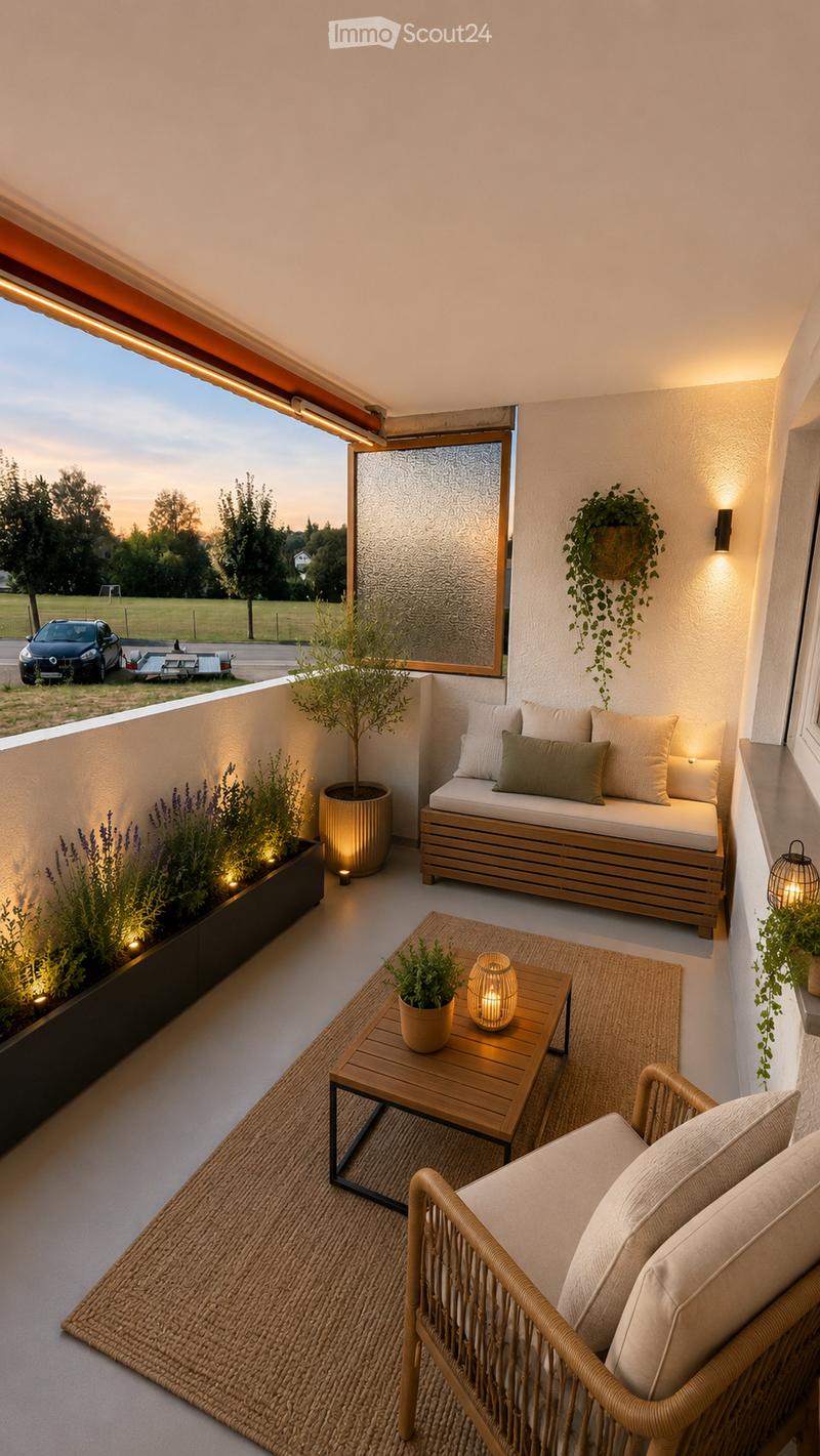 Balcony with a cozy seating area featuring a sofa, wooden table, wicker chair, and potted plants, illuminated by ambient lighting.