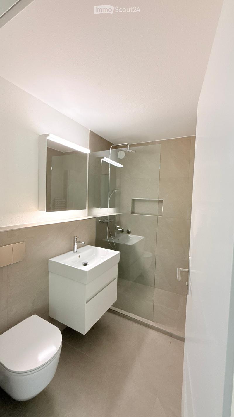 Modern bathroom with a white toilet, sink, and mirror, featuring a glass-enclosed shower area.