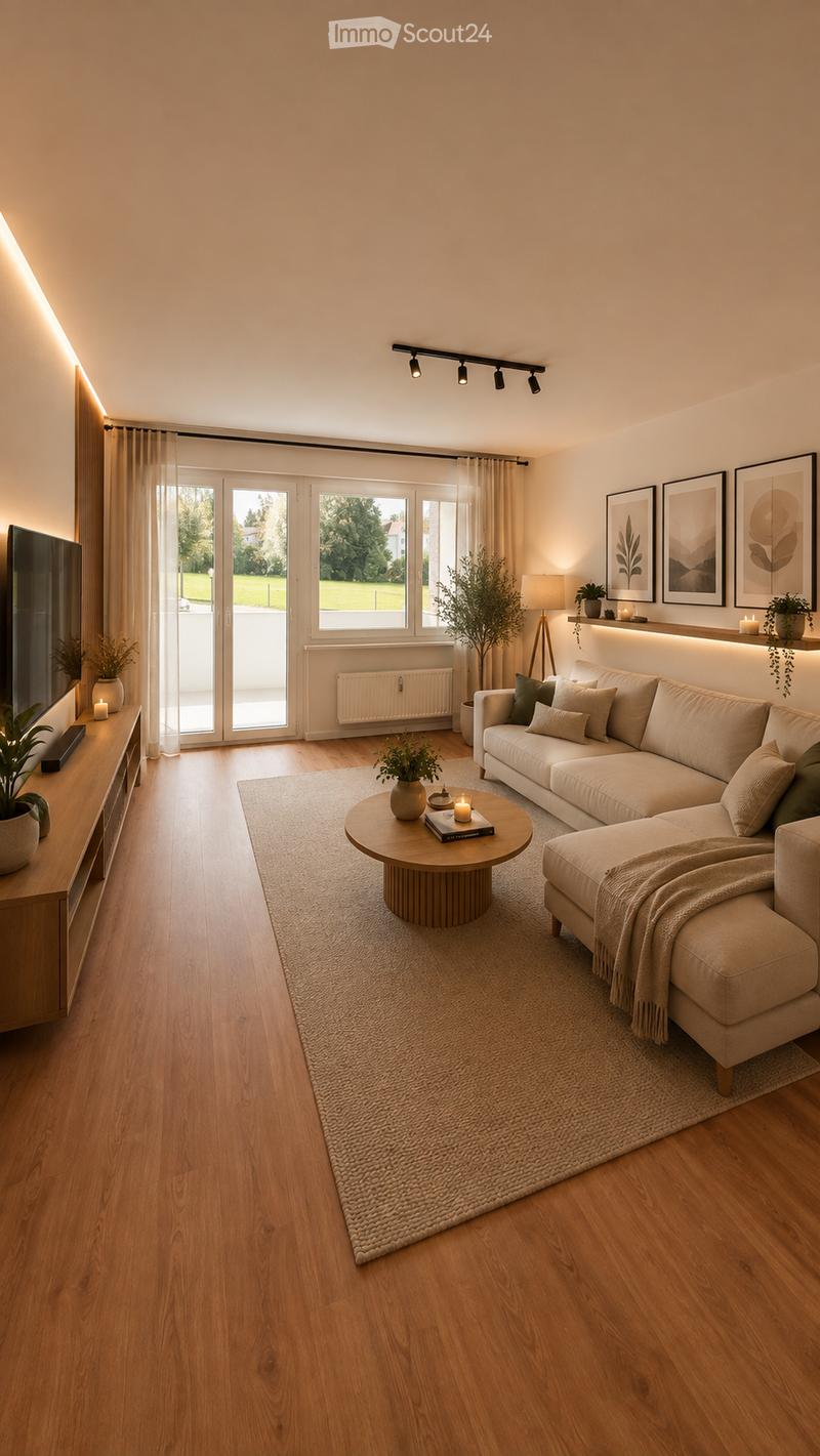 Modern living room with light-colored wooden flooring, a large sectional sofa, a round coffee table, a television on a wooden stand, and several potted plants. The room features large windows with sheer curtains and a view of greenery outside.