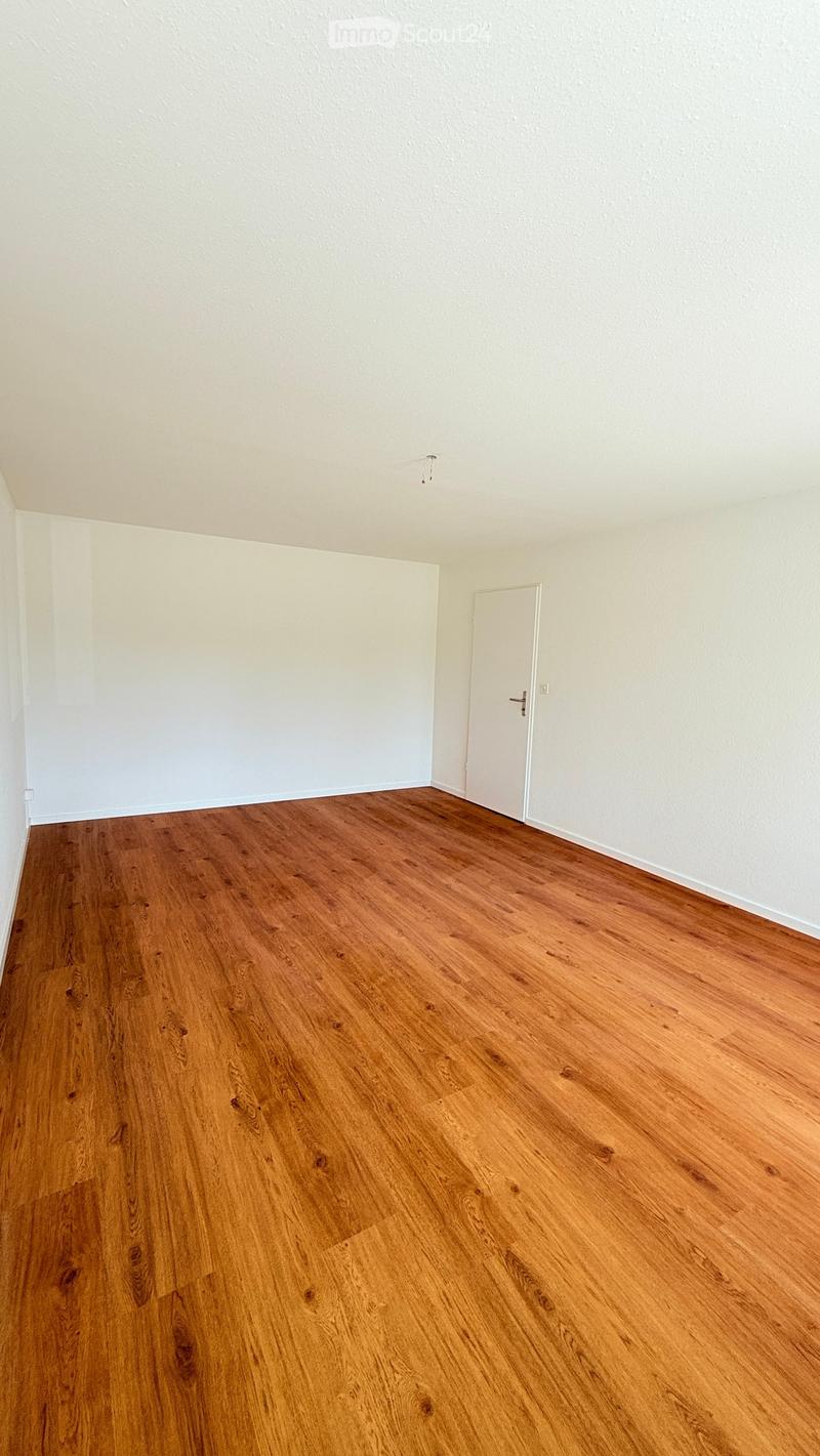 Empty room with light-colored walls and wooden flooring, featuring a single white door.