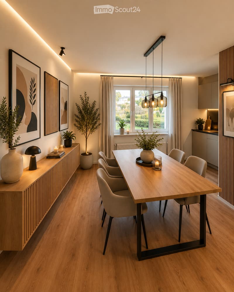 Modern dining area with a wooden dining table, six chairs, a sideboard with decorative items, pendant lights, and large windows with curtains.