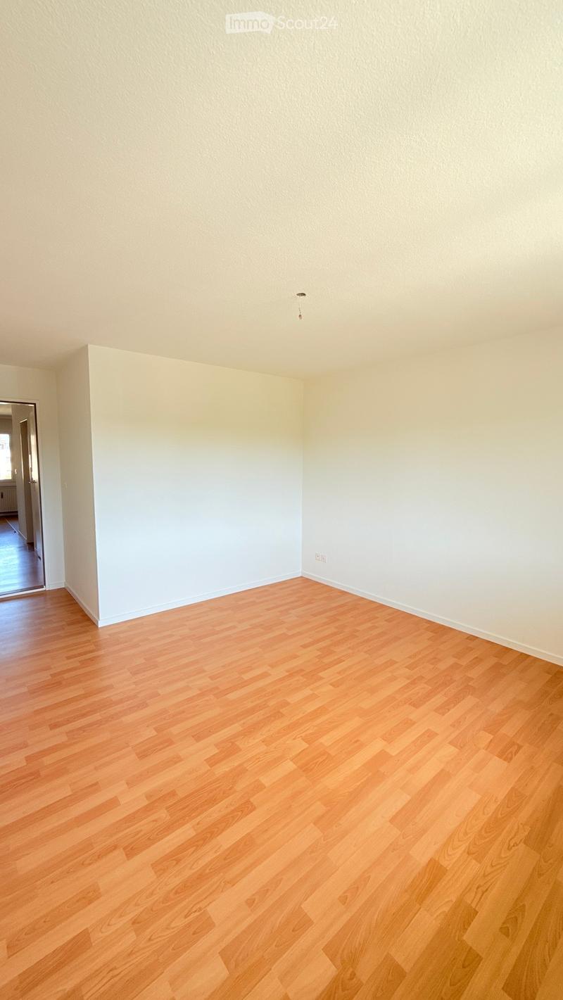 Empty room with light-colored walls and wooden flooring, featuring a single light fixture on the ceiling and a doorway leading to another room.