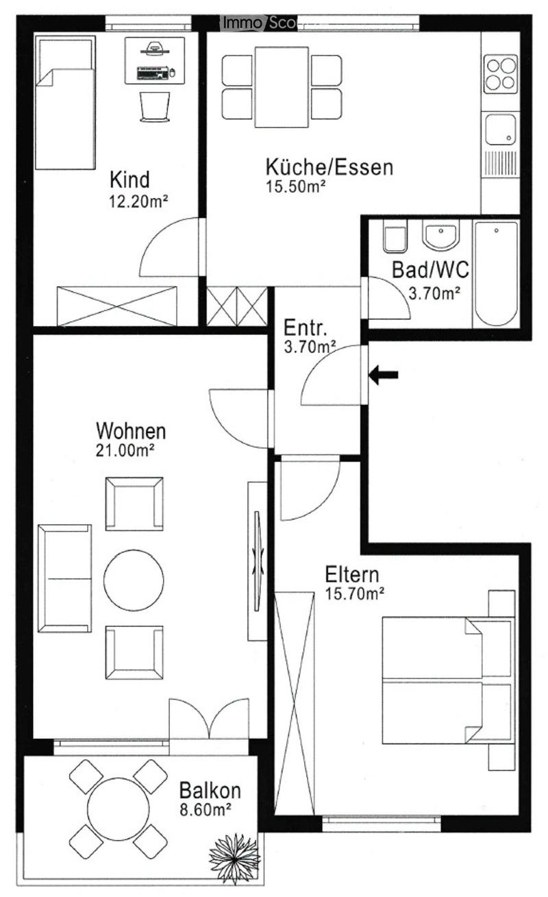 Floor plan of a 4-room apartment with living room, kitchen, two bedrooms, bathroom, and balcony.