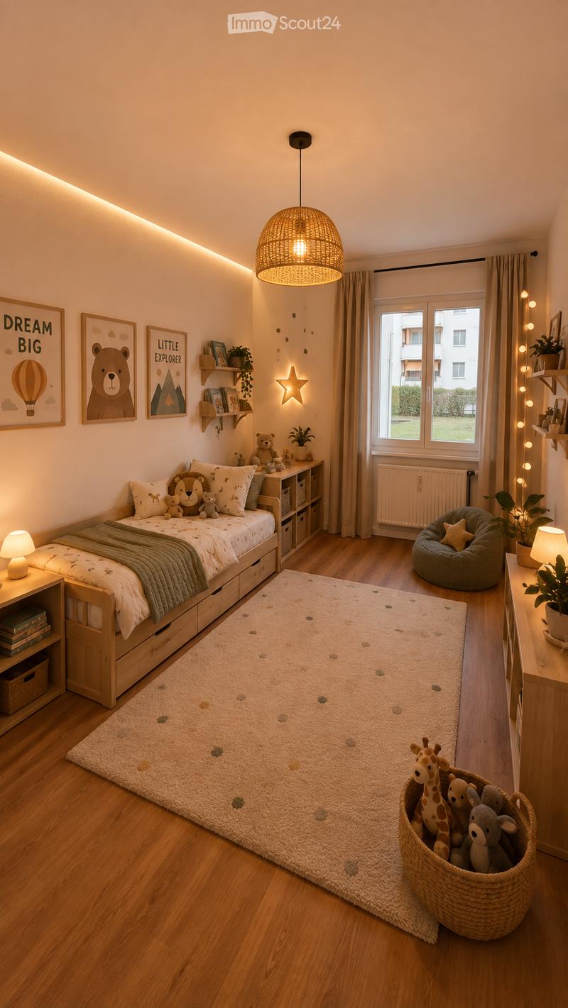 Cozy children's bedroom with a wooden bed, nightstand, wicker basket with stuffed animals, beanie chair, shelves with picture frames and potted plants, and a large soft rug.