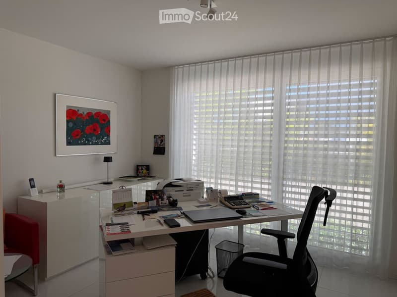 Modern office space with a large desk, ergonomic chair, laptop, printer, and various office supplies. Large windows with sheer curtains and blinds provide natural light. A framed picture and a small lamp add to the decor.