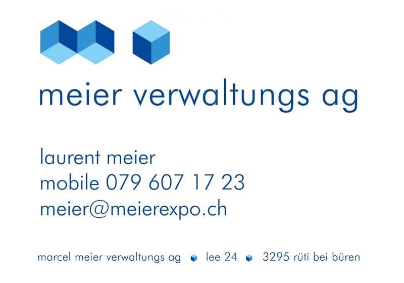 Business card for Meier Verwaltungs AG, featuring contact details for Laurent Meier, including mobile number and email address.
