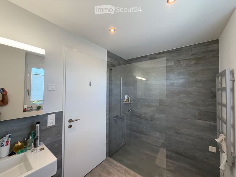 Modern bathroom with a white sink, mirror cabinet, glass-enclosed shower, and towel rack. Grey tiled walls and floor.