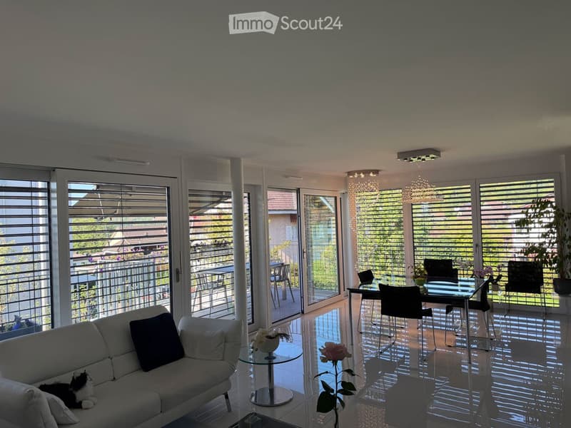Modern living and dining area with large windows and sliding doors leading to a balcony. Features a white sofa, glass coffee table, dining table with chairs, and decorative plants.