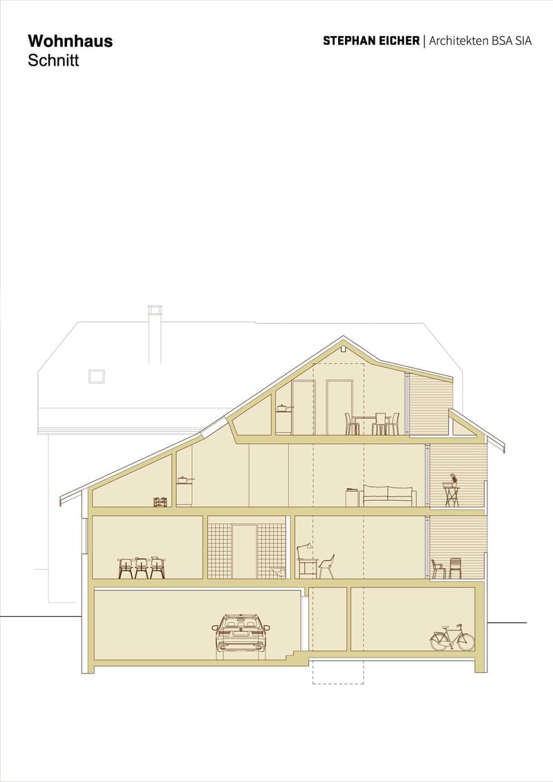 Cross-section floor plan of a two-story house with living areas, dining areas, and a garage with parking space for a car and bicycle.