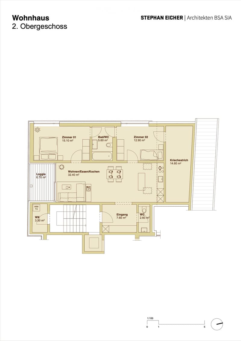 Floor plan of the second floor of a residential house, showing a living/dining/kitchen area, two bedrooms, a bathroom, a hallway, a loggia, and a storage area.