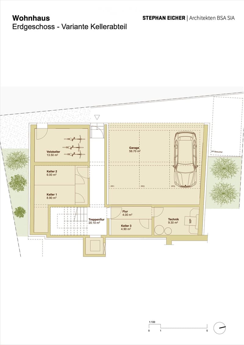 Floor plan of a house ground floor with a garage, three cellar rooms, a stairwell, a technical room, and a floor area.