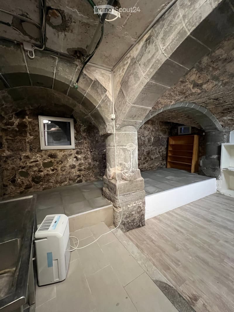 Bedroom with stone walls, arched ceiling, bed, bookshelf, air conditioner, and a small screen on the wall.