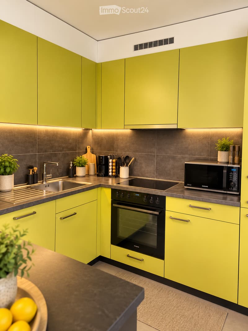 Modern kitchen with bright green cabinets, stainless steel appliances, and a sleek design. Features include a sink, oven, microwave, and various kitchen utensils.
