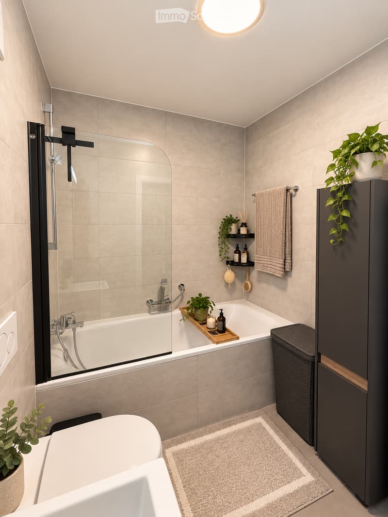 Modern bathroom with a bathtub, shower, sink, and a towel hanging on a rack. Features include a potted plant on the floor, a small shelf with toiletries, and a dark-colored cabinet.