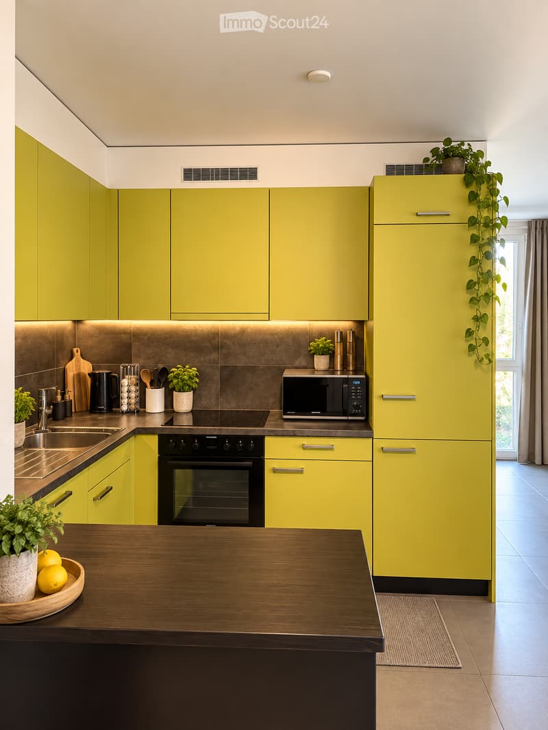 Modern kitchen with bright green cabinets, stainless steel appliances, and a wooden island. Features include a microwave, oven, sink, and various kitchen utensils.