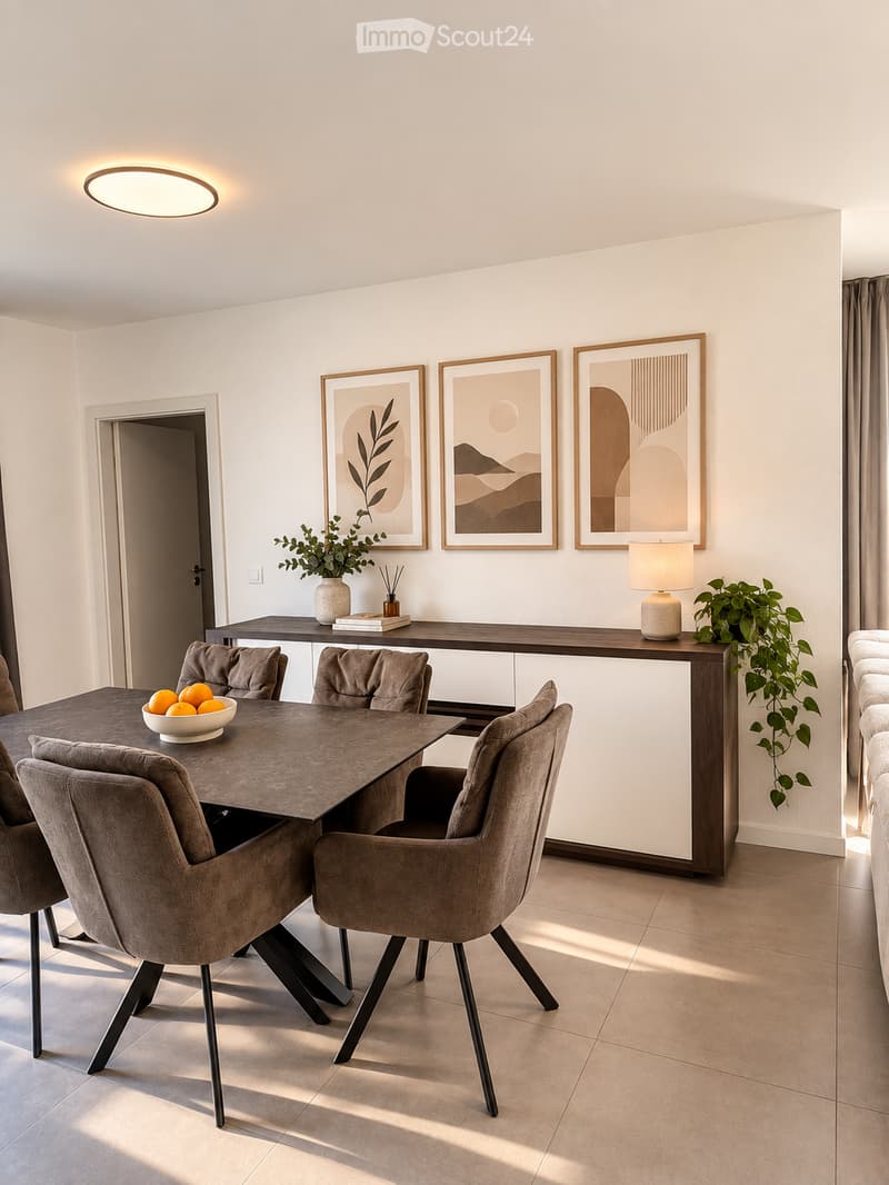 Modern dining room with a dark wood dining table, six upholstered chairs, a bowl of oranges, a sideboard with a vase and lamp, and three framed artworks on the wall.