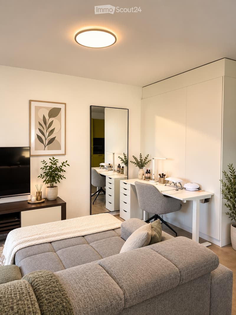 A modern, well-lit living room with a grey sofa, a small table with a plant, a TV, a desk with a chair, and a mirror leading to a dressing area.