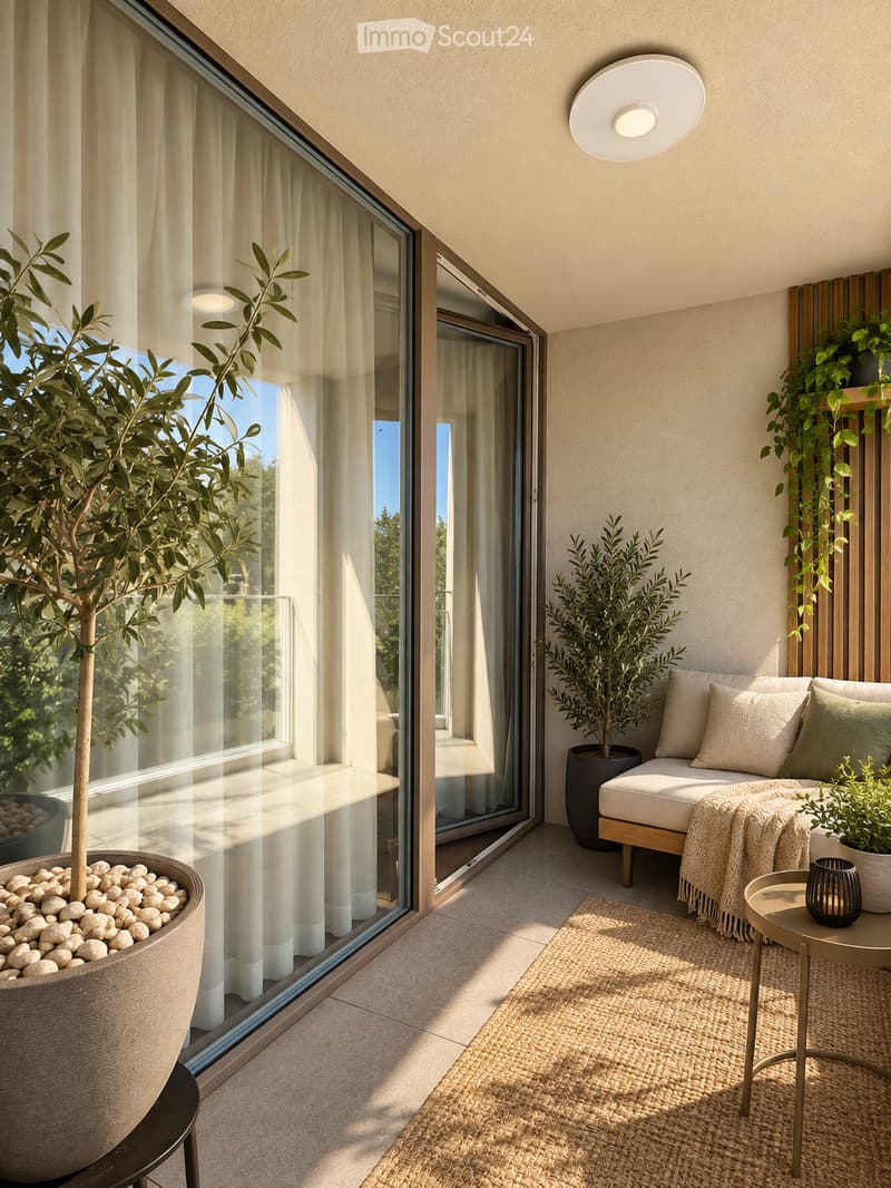 Modern balcony with large glass sliding doors, cream-colored sofa, small round table, woven rug, and several potted plants.