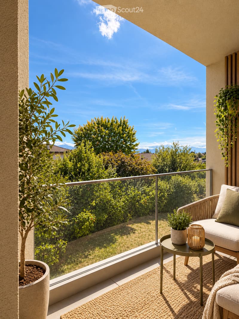 Balcony with a modern design, featuring a sofa, small round table, potted plants, and a candle holder, overlooking a lush green landscape.