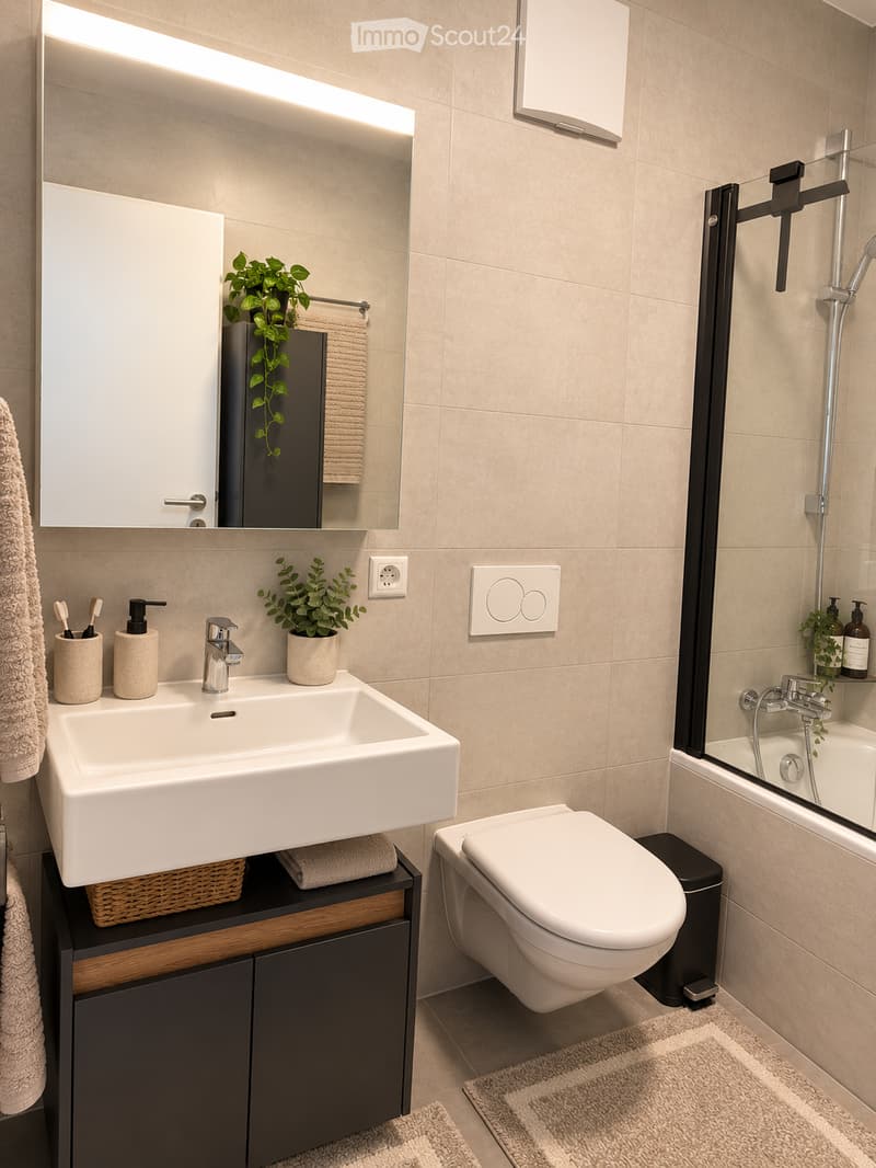 Modern bathroom with a large sink, toilet, mirror, and shower. Features include a sleek faucet, a built-in cabinet, and decorative plants.