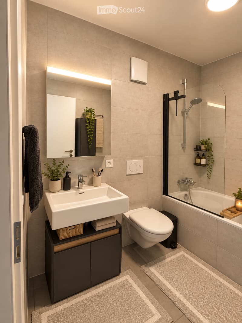 Modern bathroom with a white sink, mirror, toilet, bathtub, and showerhead. Features include a dark wooden cabinet, a potted plant, and a towel on the side.