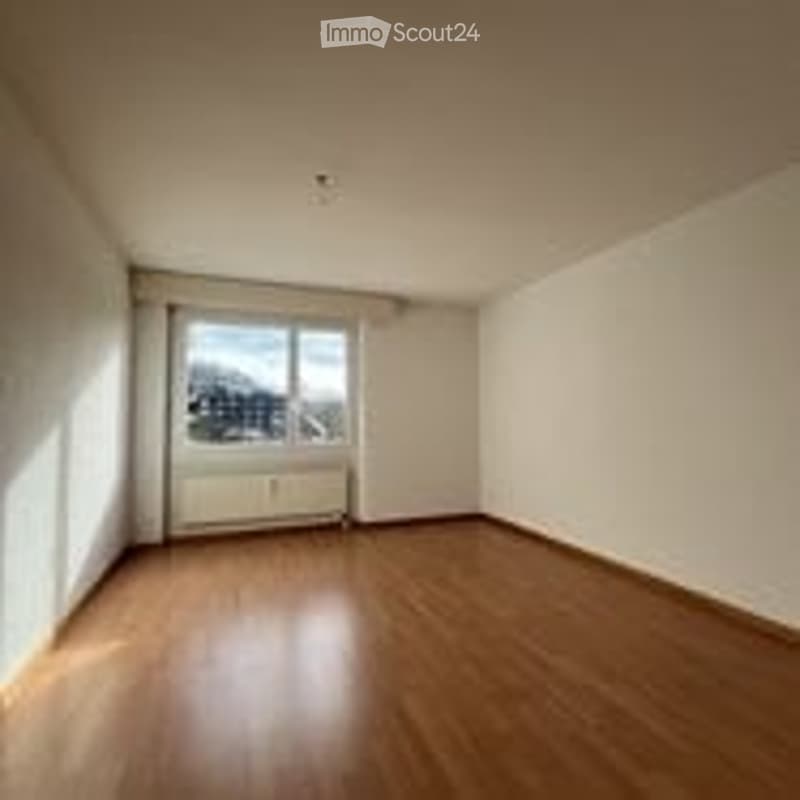 Empty room with wooden flooring, large window with white frame, and white walls.