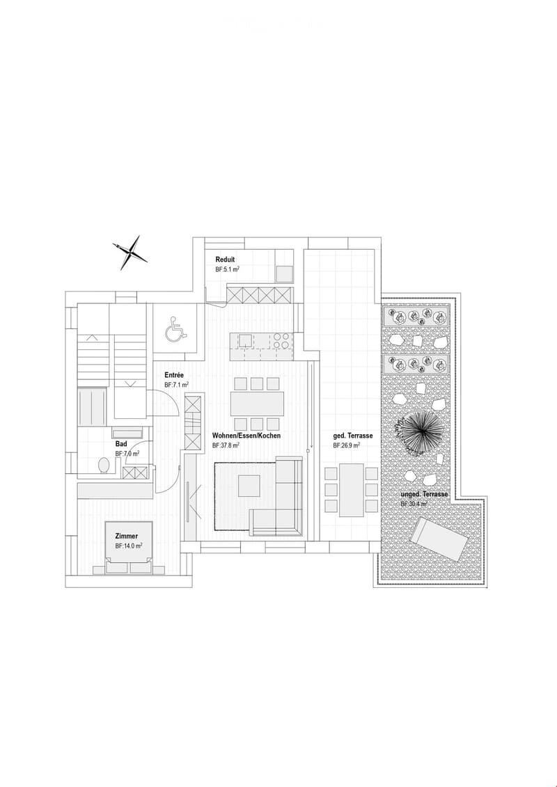 Living room, entrance, bathroom, bedroom, kitchen, two terraces