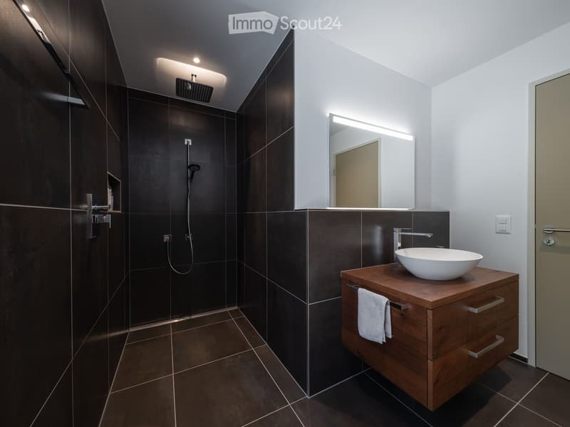 white countertop, wooden cabinet, large white sink, mirror, black shower wall, floor and ceiling