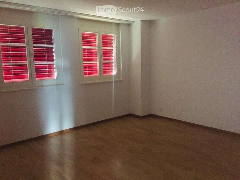 Empty room with light-colored walls, wooden flooring, and two windows with red blinds.