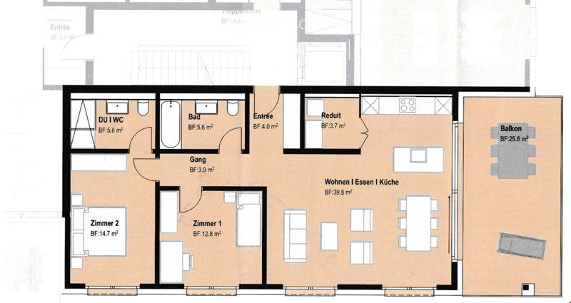 Floor plan of a 2-bedroom apartment with a living/dining/kitchen area, bathroom, hallway, and balcony.