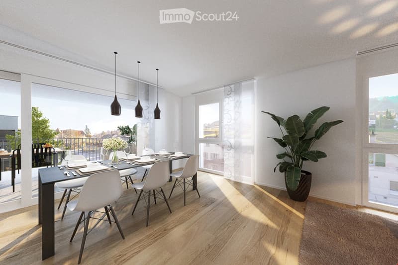 Modern dining room with a sleek black dining table, white chairs, pendant lights, and a large potted plant near the window.