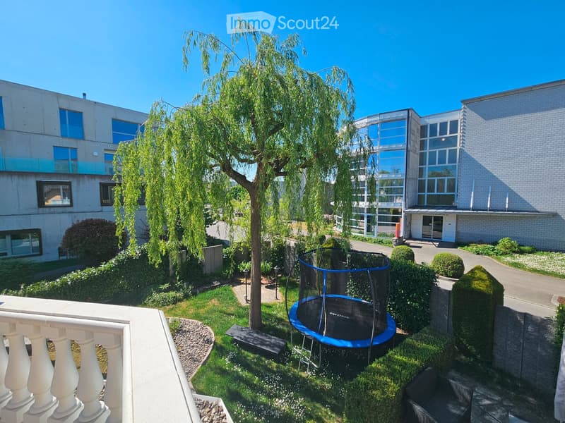 Garden area with a trampoline, a tree, neatly trimmed bushes, and a modern building in the background.
