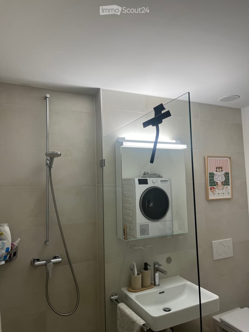 Modern bathroom with a glass-enclosed shower, a white sink with a modern faucet, a washing machine, and a towel hanging on a rack.