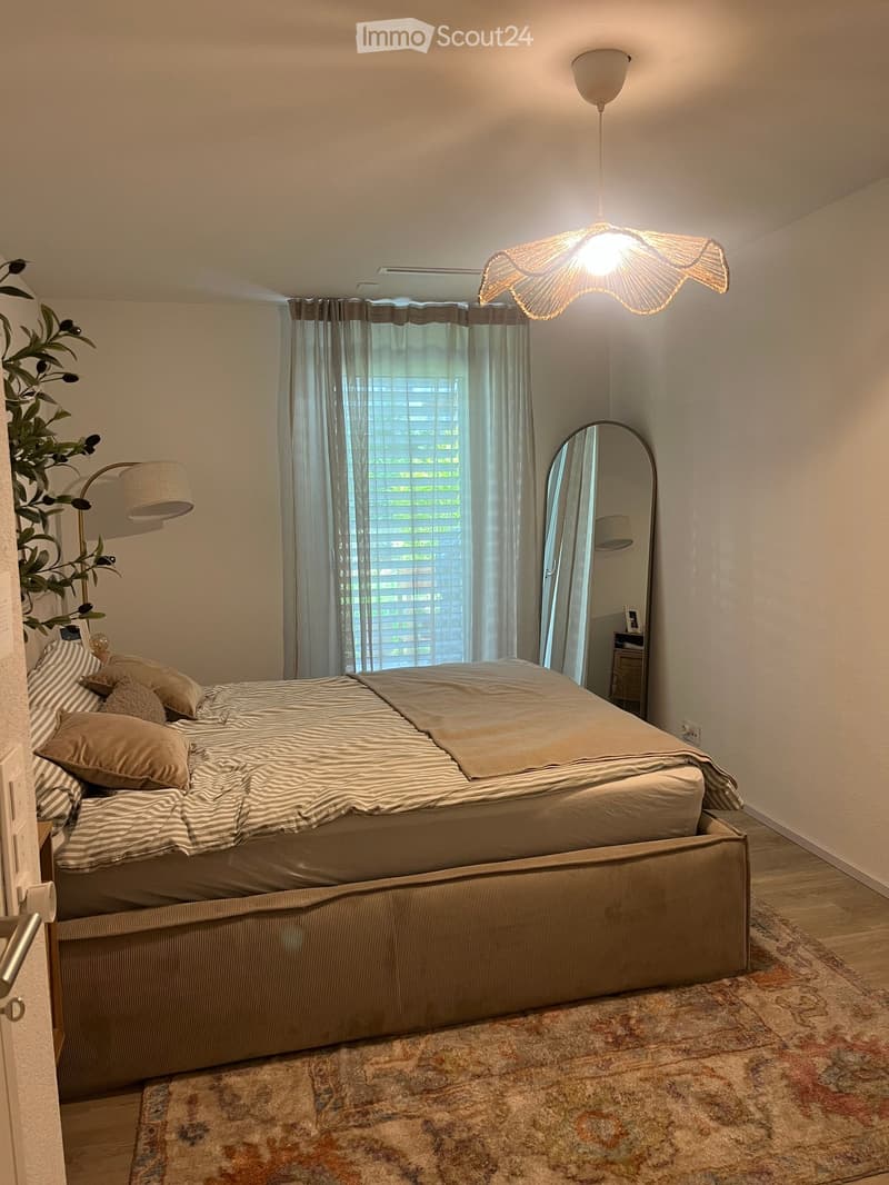 A well-lit bedroom with a large bed, multiple pillows, a patterned duvet, a tall mirror, a hanging lamp, and a leafy plant near the window.
