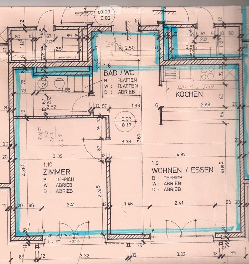 Floor plan showing a layout with labeled rooms including a kitchen, bathroom, living/dining area, and bedroom. Dimensions and floor levels are marked.