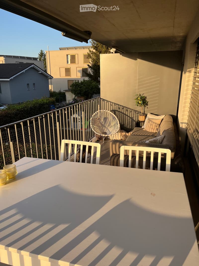 Balcony with a sofa, chairs, a table, and a small potted plant, overlooking a residential area.