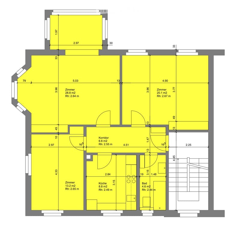 Floor plan showing a layout with multiple rooms including a kitchen, bathroom, and several bedrooms, with labeled dimensions and room names in German.