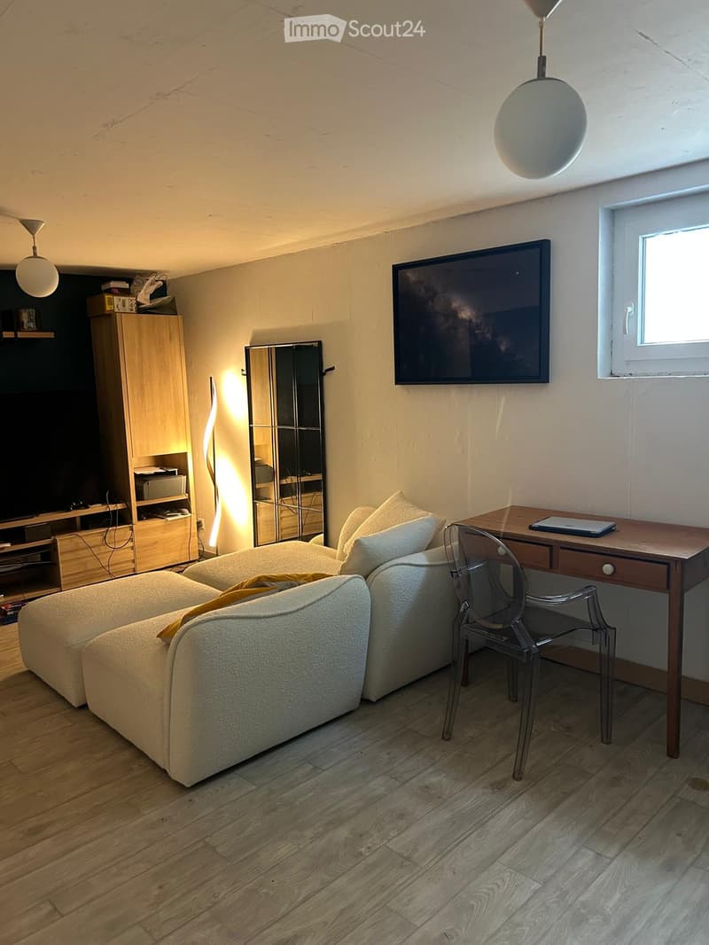 Modern living room with a light-colored sofa, a wooden desk with a laptop, a sleek chair, a large screen mounted on the wall, a wooden cabinet, and a stylish lamp.