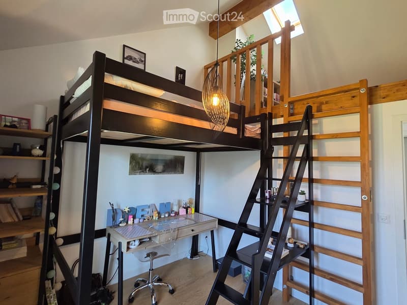 A modern, multi-functional room with a lofted bed, desk, and ladder leading to the loft area. The room features wooden flooring, white walls, and a hanging pendant light.