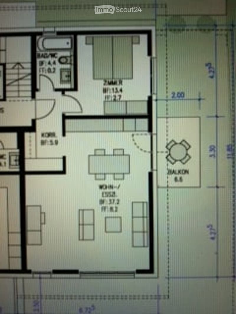 Floor plan of a 3-room apartment with a living room, kitchen, and bedroom. Includes dimensions and room labels.