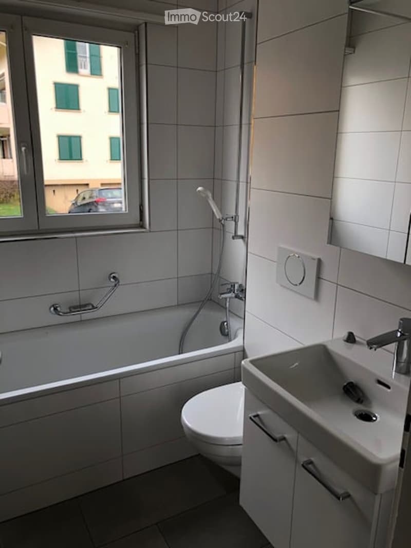 modern bathroom, white tiles, white sink, toilet, bathtub with handrail, shower head