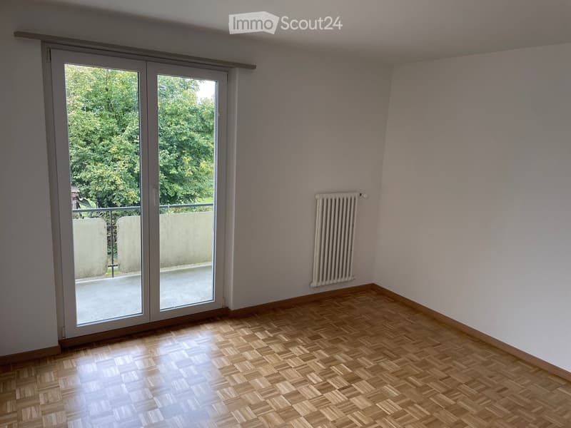 Sliding doors to balcony, white walls, radiator, wooden parquet floor