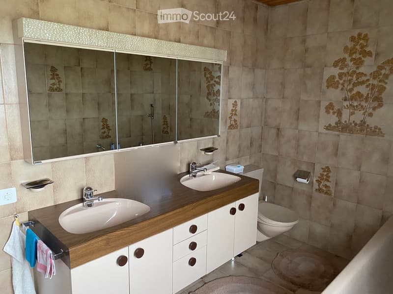Modern bathroom with double sink vanity, large mirror, toilet, and decorative wall tiles.